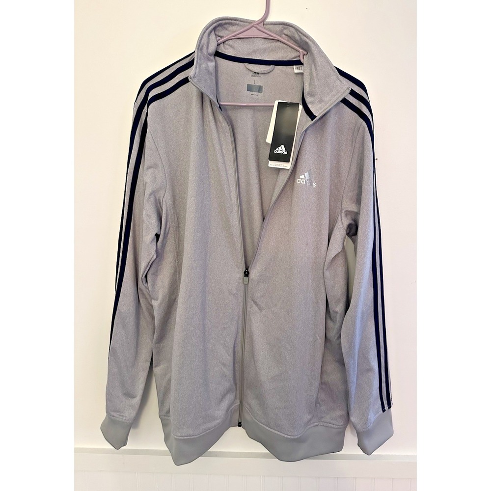 Adidas Full Zip Track Jacket Mens Large Gray Blue Soft Fleece 3 Stripes Pockets
